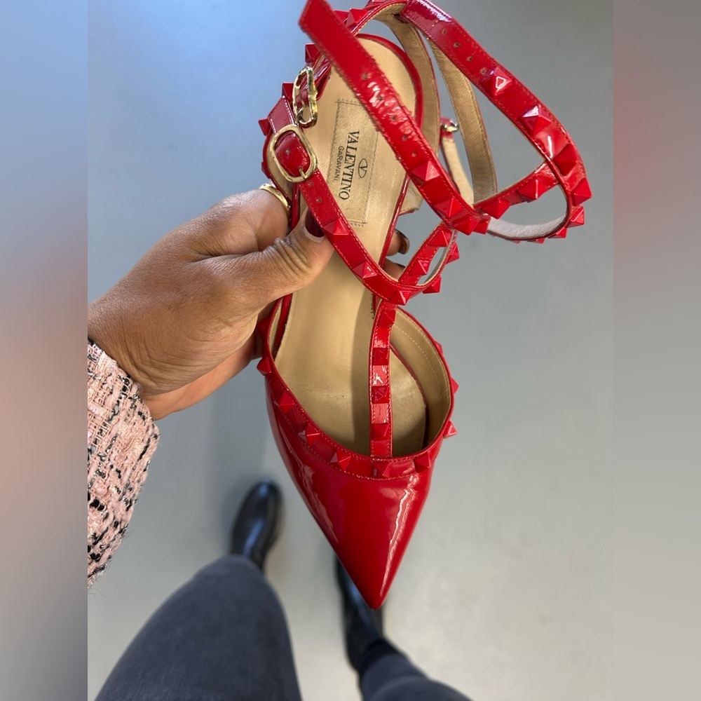 Valentino Authentic Patent Rockstud Caged Kitten Heels (Red on Red) 39 1/2